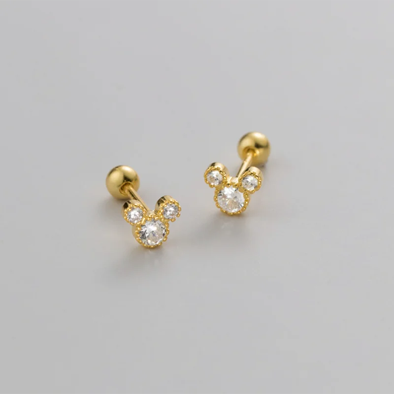 WANTME 925 Sterling Silver Fashion Cute Cartoon Mouse Screw Bead Stud Earrings for Women Simple Chic Girl Party Jewelry Gifts