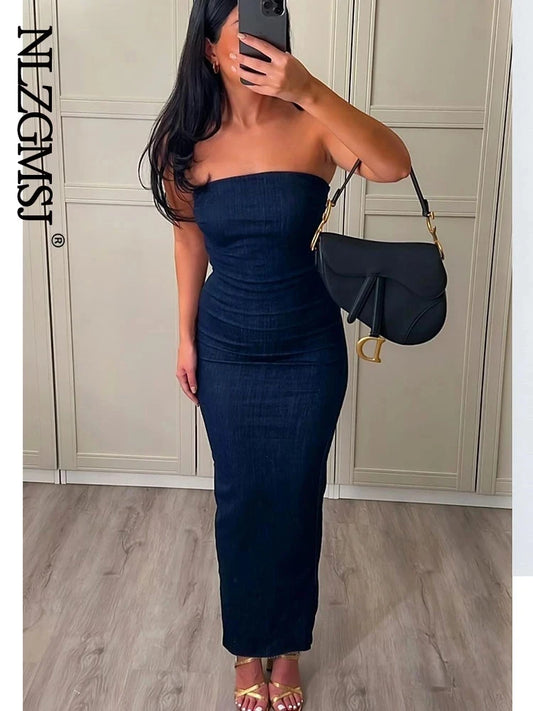 Strapless Backless Zipper Split Dress Party Blue Denim Female Long Dress