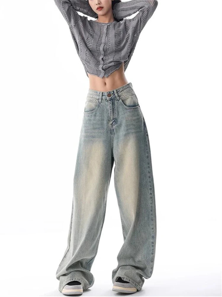 Women's American Vintage Washed Thin Jeans Street Casual Neutral Style Blue Denim