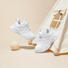 Children's Sports Shoes, Leather Upper, Small White Shoes, Autumn Boys and Girls' Rotating Buttons, All White Running Shoes