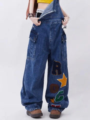 y2k letter embroidery all-match denim overalls women's summer retro loose slim fashion