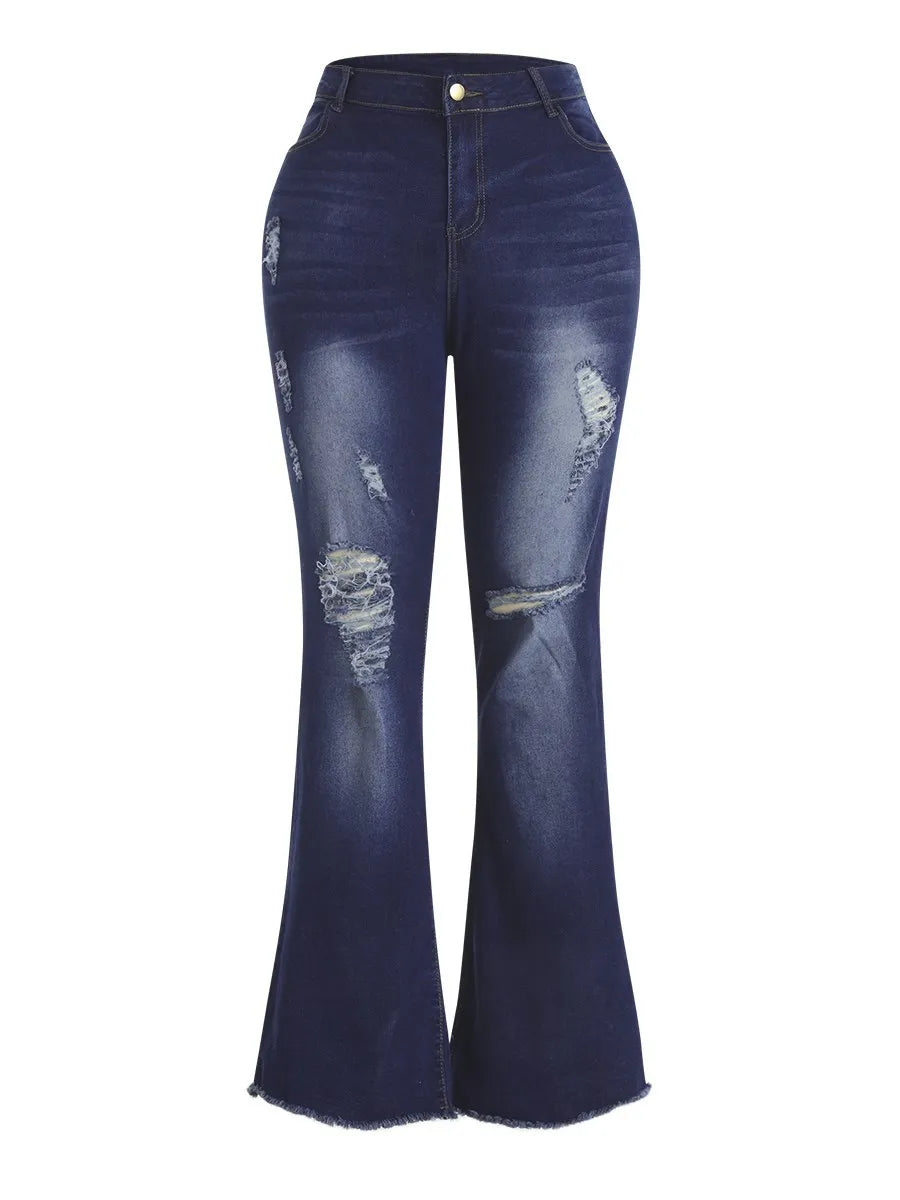 LW Plus Size High Stretchy Ripped Flared Jeans Zipper Fly Floor Length Casual