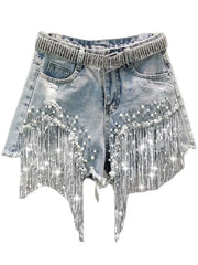 Summer Elegant Shorts Lady Tassel Beading High Waist Wide Leg Denim