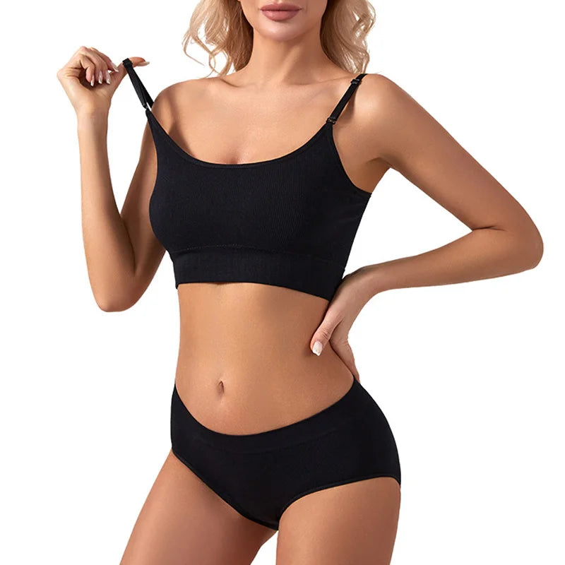 Women Seamless Bra Set Low Waist Panties Wire Free Bra Bralette