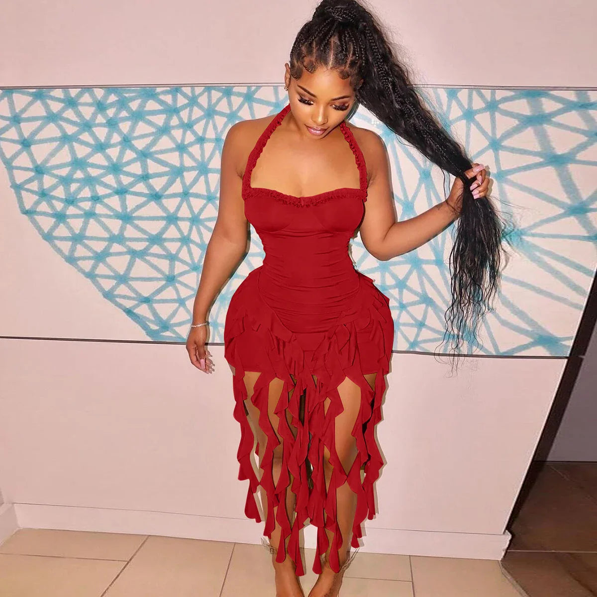 Hugcitar Elegant Halter Solid Ruffles Backless Taseel Sexy Slim Mini Dress Spring Women Cute Outfits Birthday Party Vacation