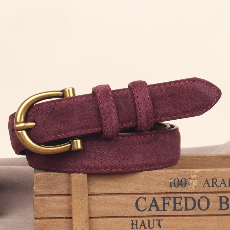 Genuine Leather Suede Women Belt Fashion Skinny Waistband Retro Gold Buckle Brown Belts for Jeans Pants