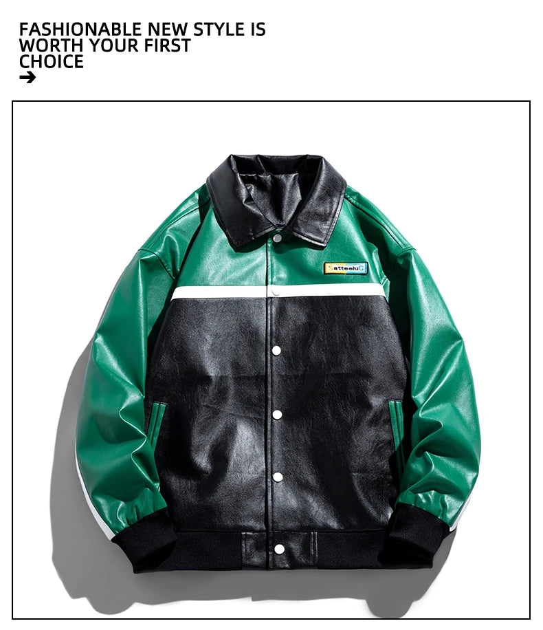 Unisex Embroidery Varsity Leather Jacket Harajuku Patchwork Streetwear Men Vintage