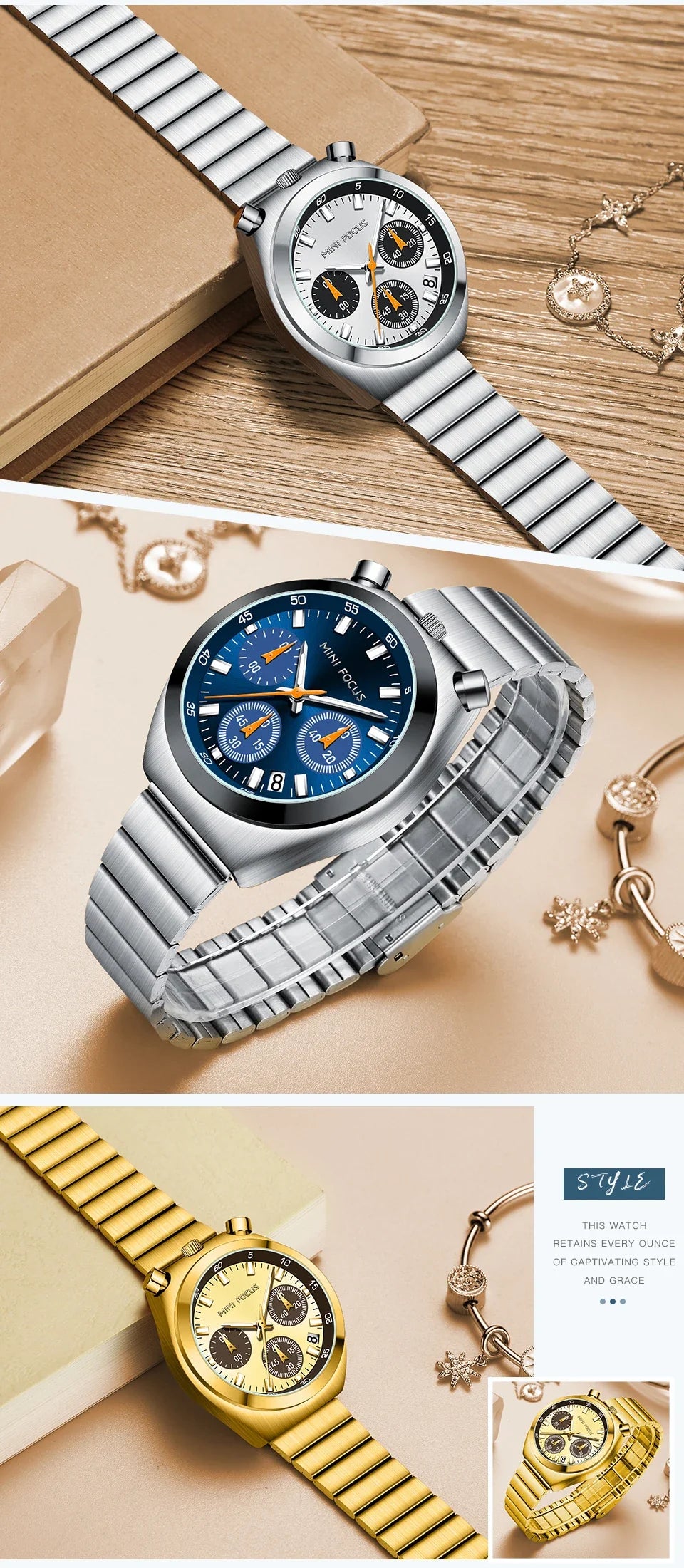 MINI FOCUS Fashion Gold Watch Women Watches Ladies Creative Steel Women's Bracelet Watches Female Waterproof Clock Reloj Mujer