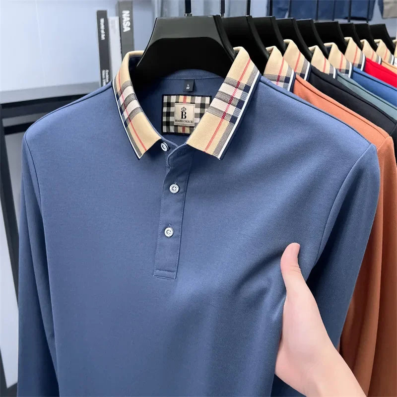 Men's Plaid Long Sleeve Polo Shirt Autumn Winter Casual Office Outdoor Fashion Top Commercial Collar Trendy Men's Clothing