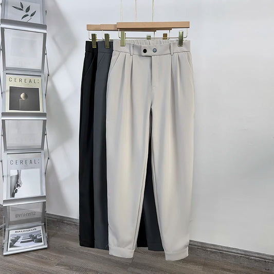 Men's Straight Suit Pants Business Casual Elastic Waist Formal Ankle Length Trousers