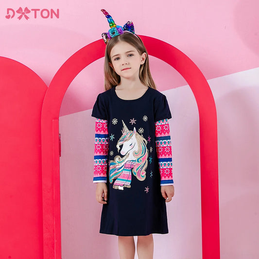 Girls Casual Dresses Kids Unicorn Appliqued Cotton Year Dress Children