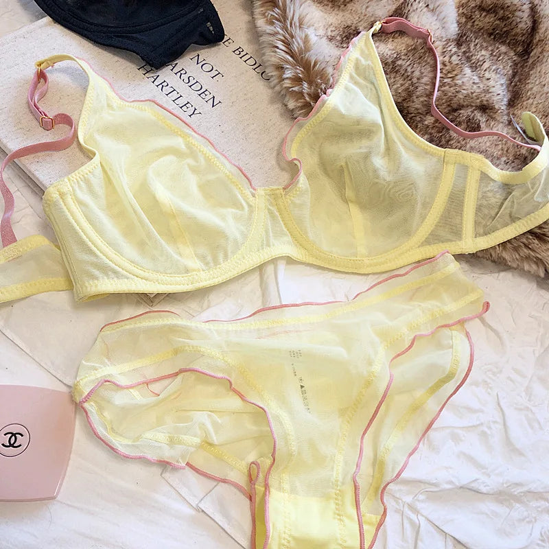 French Ultra Thin Bralette for Women Underwear Top Deep V Push Up Bra Set