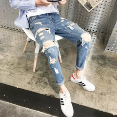 Retro Ripped Men's Jeans With Holes Tapered Slim Fit Trousers Korean Fashion