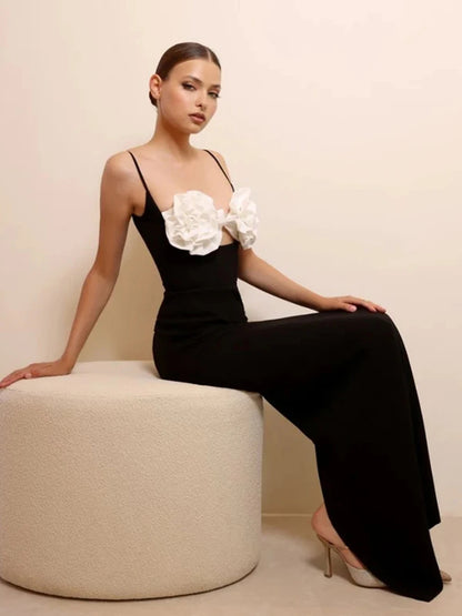 2024 Ladies 3D Flowers Spaghetti Strap Backless Design Celebrity Evening Party Black Sleeveless Sexy Long Maxi Bandage Dress