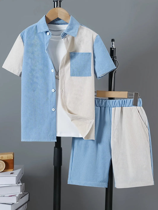2025 New Summer Two-Piece Set for Boys, Simple Corduroy Color-Blocked Contrasting Shirt, Short-Sleeved Top + Color-Blocked Shorts Set