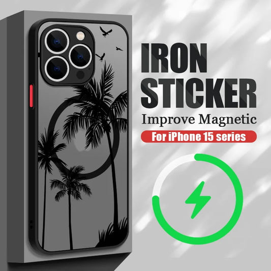 Magnetic Coconut Palm Pattern Case For iPhone 15 14 Pro Max 13 12 11 16 For Magsafe Wireless Charge Matte Hard Back Cover Fundas