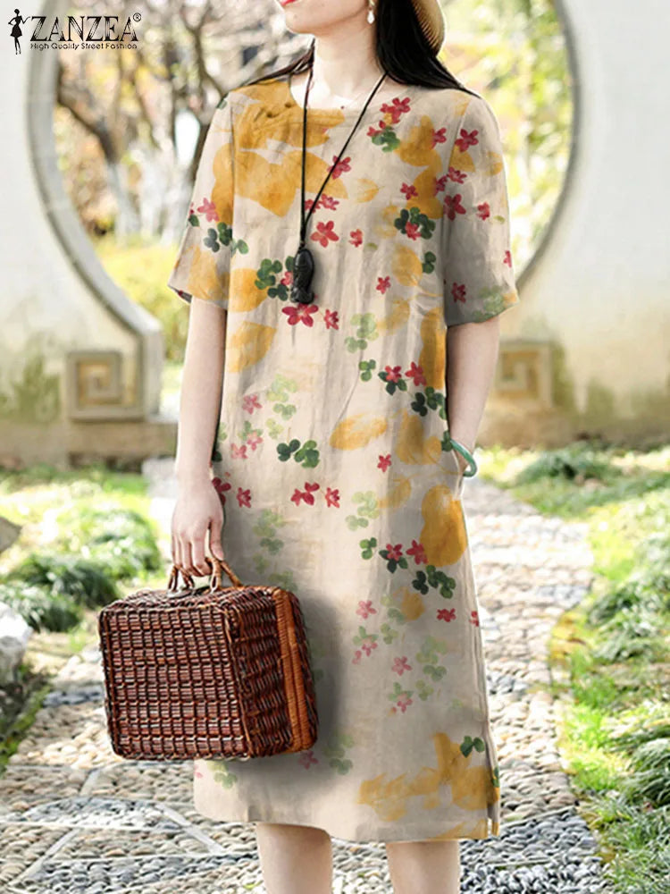Evening wear Dresses: Vintage Short Sleeve Floral Dress Women
