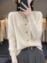 Women Cardigan Super Warm Pure Mink Cashmere Sweaters O-neck