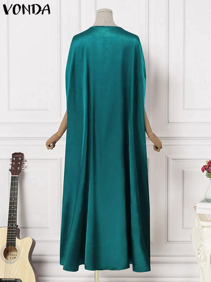 Plus Size 5XL VONDA Party Dress Fashion Women Satin Long Maxi Sundress Summer Bohemian Round Neck 3/4 Bat Sleeve Vestidos Robe