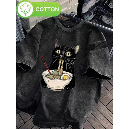 Unisex Hip Hop T Shirt Vintage Washed 100% Cotton T-Shirt Black Retro Cat Eating Ramen Graphic Tee Casual Streetwear