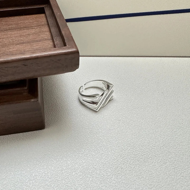 925 Silver Open Finger Ring Punk Lines Geometric Openwork Simple Stackable