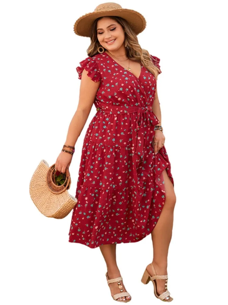 Plus Size Summer V-Neck Midi Dress Women Flower Print Fashion Loose Ladies Dresses Ruffle Pleated Woman Sleeveless Dress