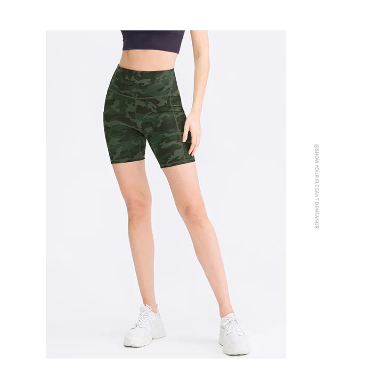 Women's printed nude yoga shorts with pockets skin-friendly tight stretch quick-drying sports fitness hiking running shorts