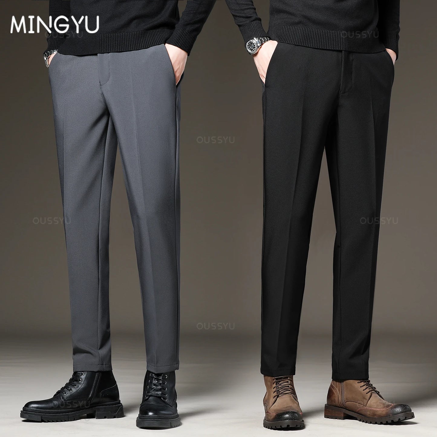 Men‘s Suit Pants Slim Business Office Elastic Waist Thin Black Grey Classic Pant
