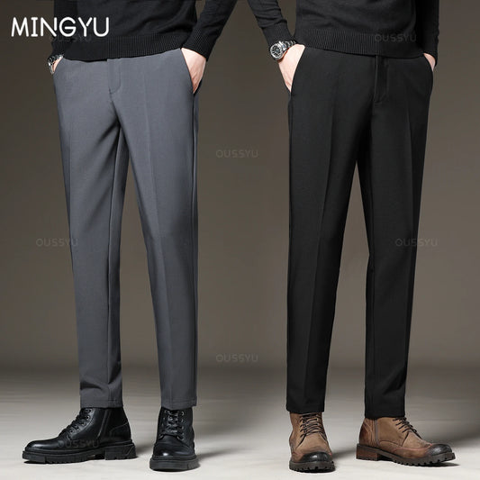Men‘s Suit Pants Slim Business Office Elastic Waist Thin Black Grey Classic Pant