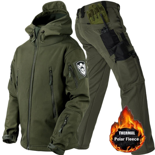 Winter Outdoor Work Sets Mens Field Training Jackets Multi-Pocket Fleece Cargo Pants Tactical Waterproof Camping Tracksuits Set
