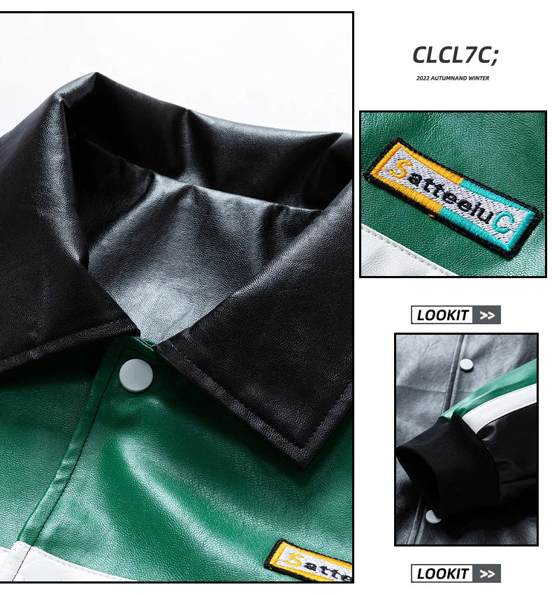 Unisex Embroidery Varsity Leather Jacket Harajuku Patchwork Streetwear Men Vintage
