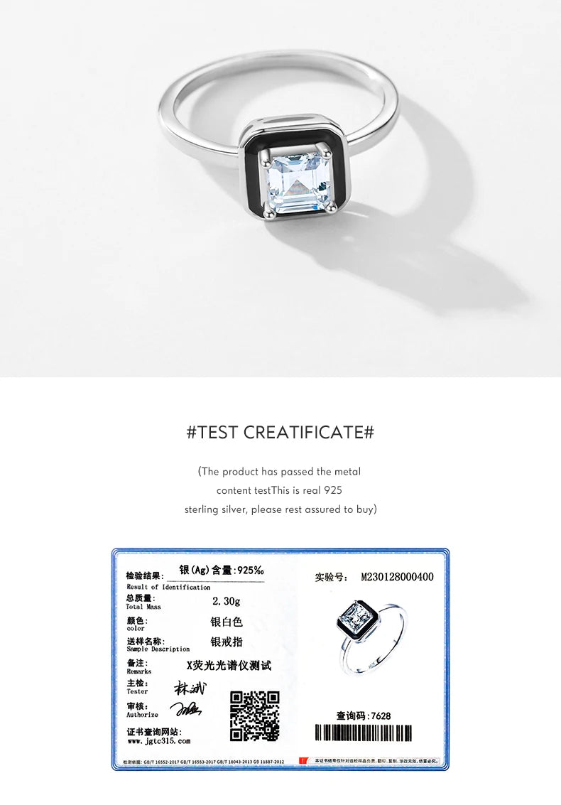 925 Sterling Silver Fashion Black Enamel Finger Ring Clear Square CZ Ring