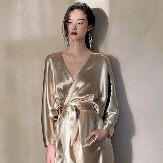 Long Dress Women Glossy Long Sleeve V Neck Evening Wrap Dress