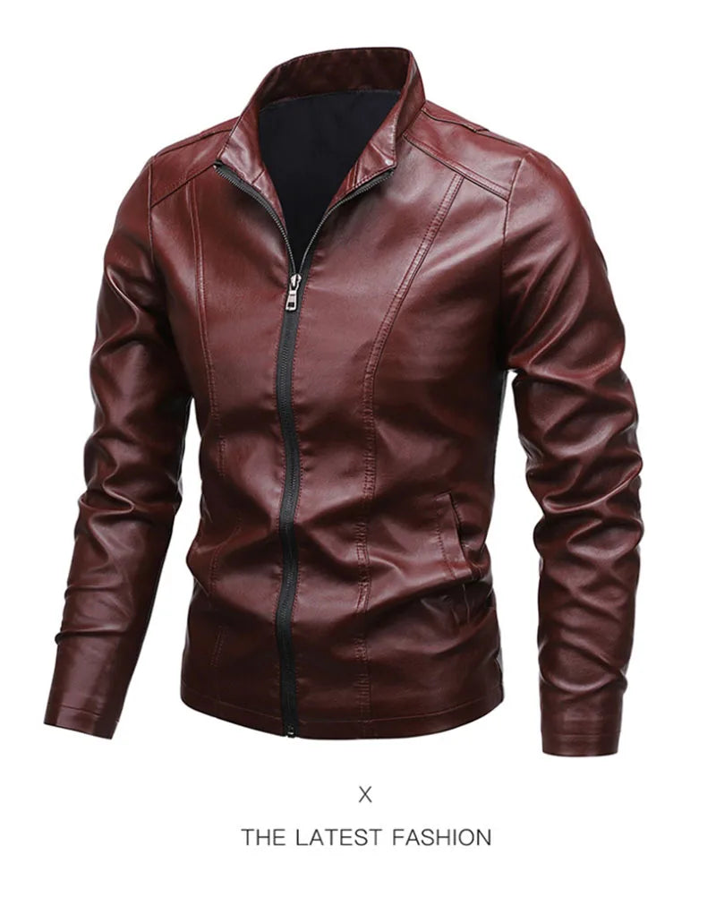 Men Leather Coat Vintage Classic Stand Collar Male Faux Leather Jacket