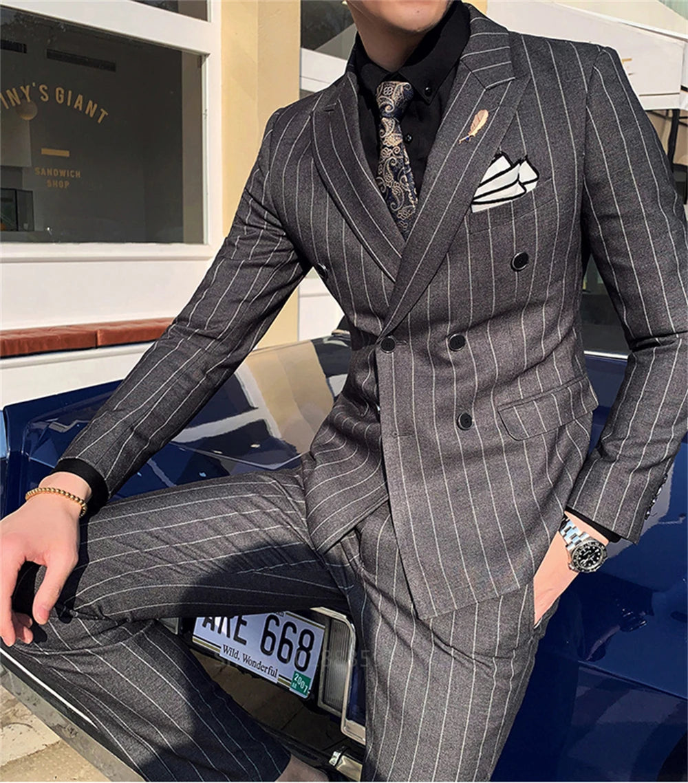 Tuxedo for Mens: Vertical Stripe Men's Suit Homme Slim Fit Business