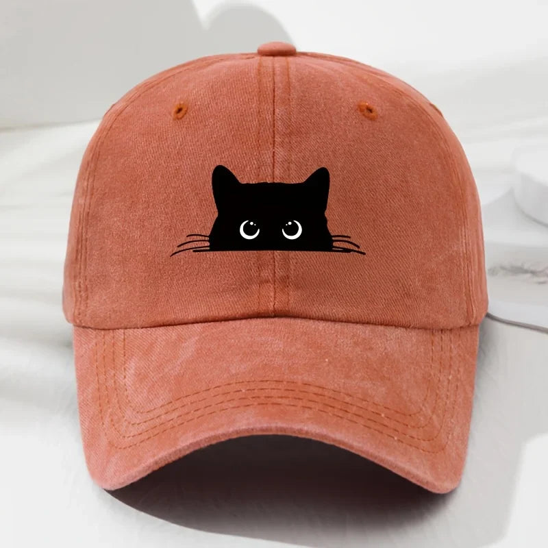 Cute cat print vintage washed baseball cap for men and women, versatile casual curved brim hat