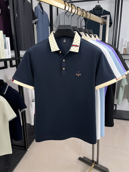 Personality letter jacquard lapel short sleeve T-shirt men high-end brand Little Bee embroidery fashion trend summer polo shirt