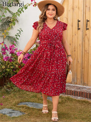 Plus Size Summer V-Neck Midi Dress Women Flower Print Fashion Loose Ladies