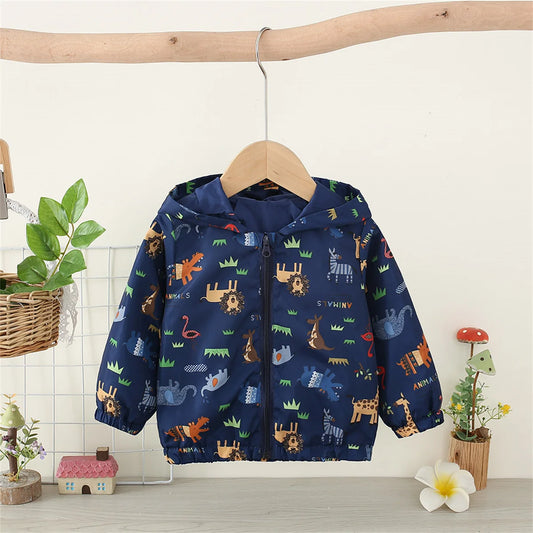 Baby Coat Boys' Hooded Zipper Jacket Children'S Cartoon Print Windproof Casual Coat