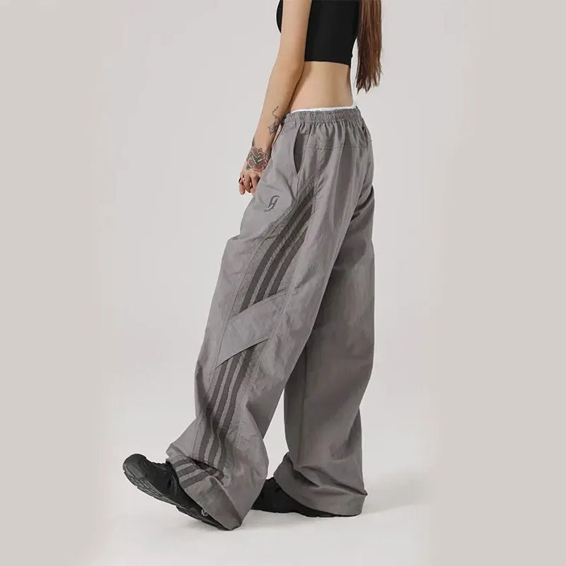 Baggy Streetwear Cargo Pants Women Korean High Waist Striped Parachute Sweatpants
