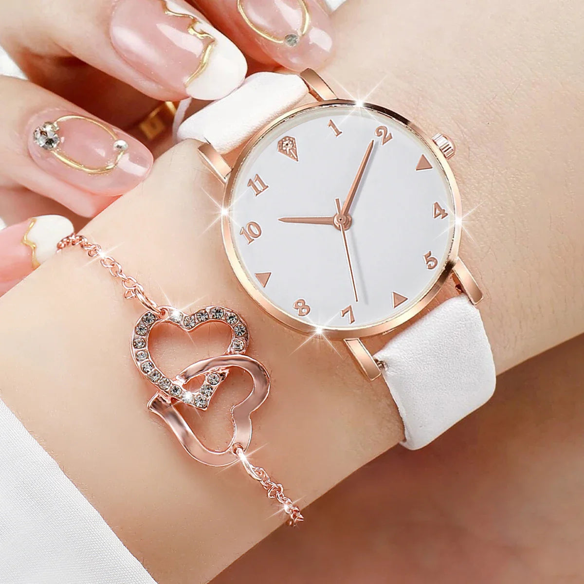 6PCS/Set Fashion Women's Watch Leather Band Quartz Watches Double Heart Jewelry Set(Without Box)