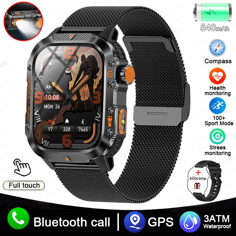 2025 New Military Outdoor Smart Watch Men's GPS Flashlight Bluetooth Call 2.01" AMOLED Screen 3ATM Waterproof Sports Smartwatch