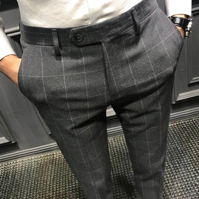 Spring Plaid Casual Trousers For Men Slim Fit Korean Style Cropped Pants Trendy