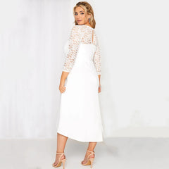 Lace Sleeve Spring Autumn Elegant Party Dress Women White Flt Flare Midi Dress