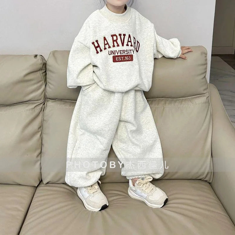 Children Clothing Fashion Simple Letter Printing Set 2024 Winter New Boys and Girls Loose Casual Thickened Hoodie Two Piece Set
