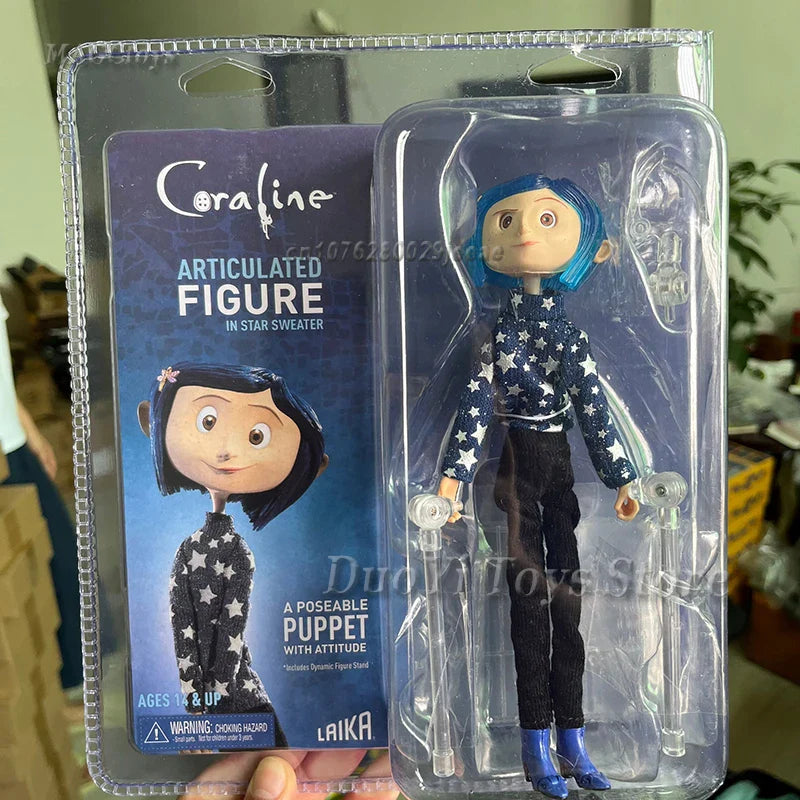 NECA Anime Coraline Doll Articulated Anime Figure Raincoat Sweater In Striped Shirt Toy LA Girl Decoration Model Bithday Gifts