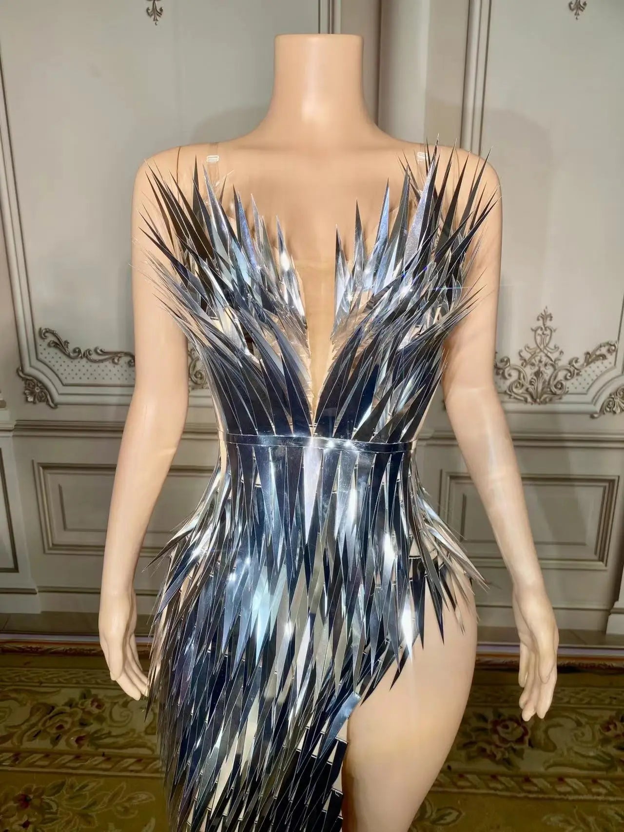 Evening Dresses for Women: Silver Sequin Deep V Neck Mermaid Evening