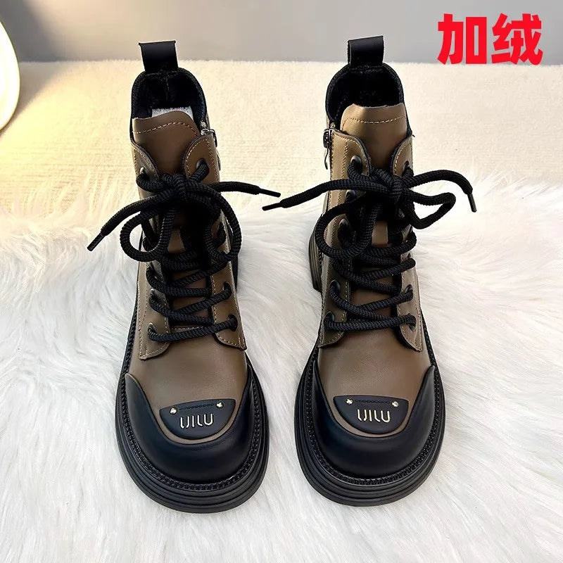 Brand British style short boots for women's winter thick soled casual plush
