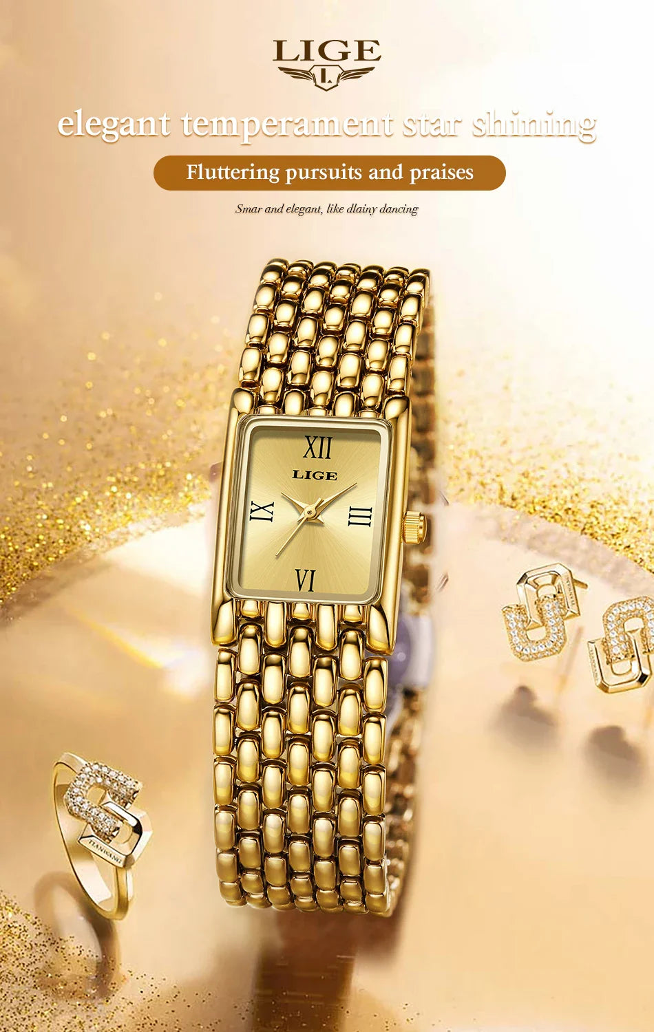 LIGE 2025 New Gold Women's Watch Luxury Quartz Watch Stainless Steel Bracelet Retro Fashion 30M Waterproof Watch for Women reloj