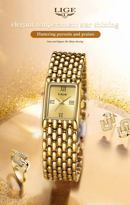 LIGE 2025 New Gold Women's Watch Luxury Quartz Watch Stainless Steel Bracelet Retro Fashion 30M Waterproof Watch for Women reloj